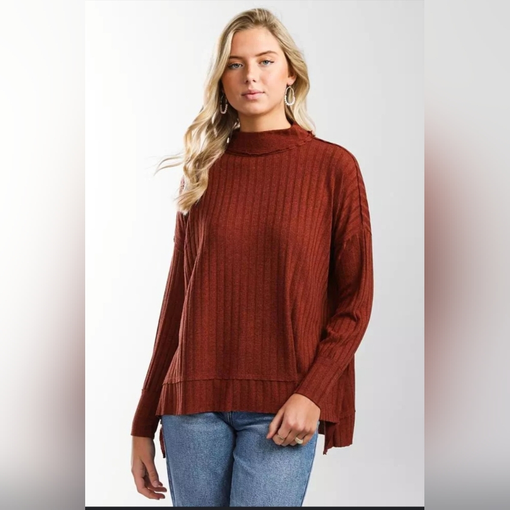 BKE Ribbed Dolman High/Low Hem Top In Henna Color Size Large